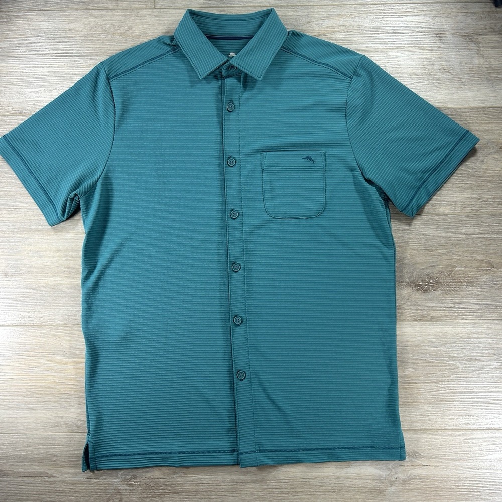 Tommy Bahama Small Costa Wave IslandZone Camp Shirt Blue‎ Striped Performance